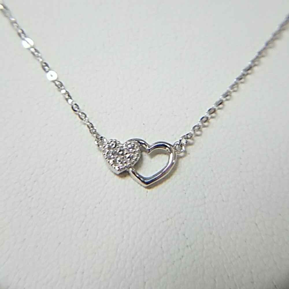 14K Solid White Gold double Heart Necklace